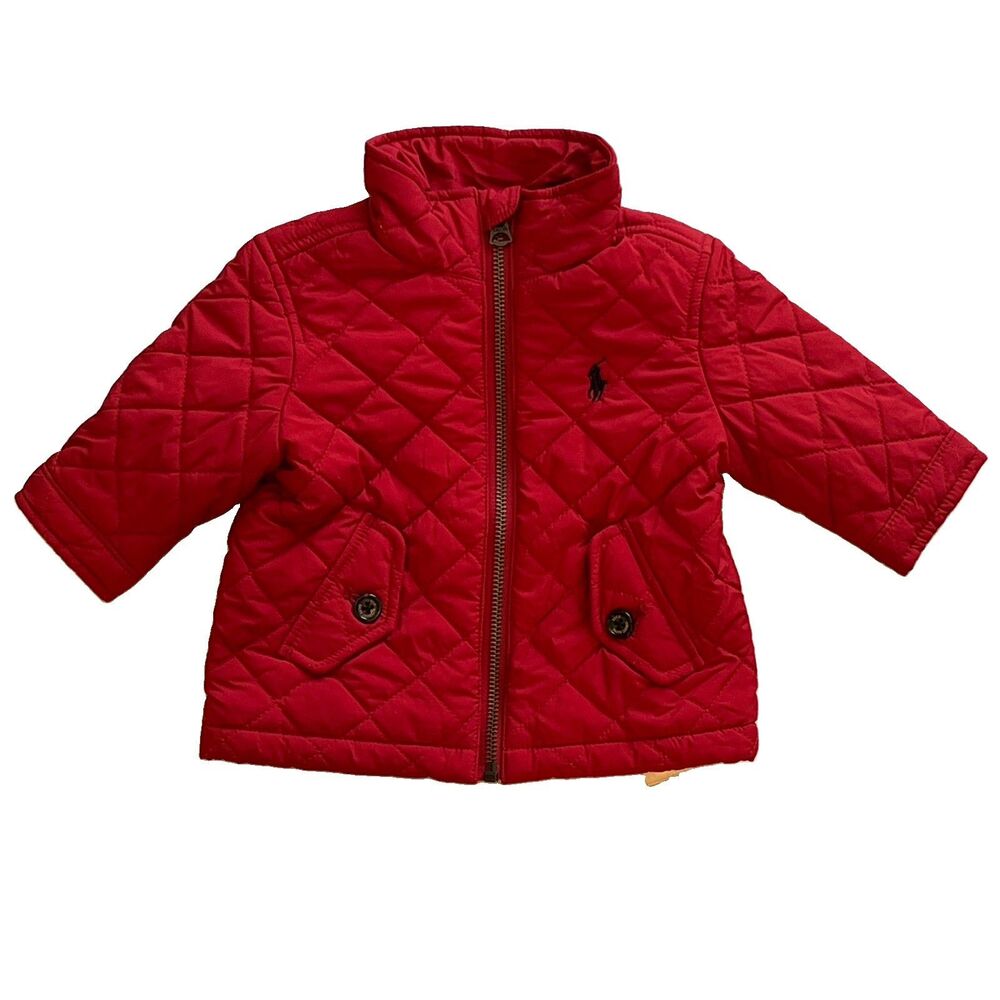 Ralph Lauren Quilted Jacket Baby 6M Red Full Zip Mock Collar Pockets Barn Coat